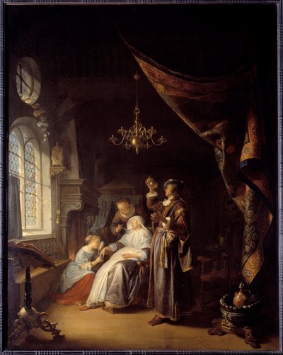 Hydropická žena. Lékař vyšetří moč ženy s vodnatelností. Obraz Gerarda Doua (1613-1675) Ec. Hol od Gerrit Dou