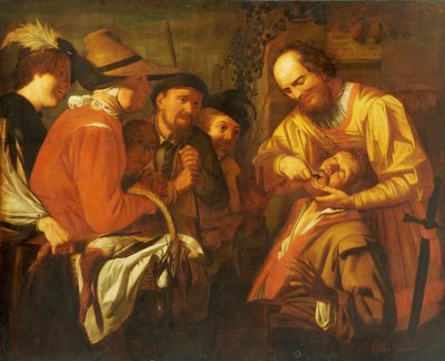 Zubař šarlatán vytahující zub, zatímco skupina přihlížejících sleduje poblíž od Gerrit van Honthorst