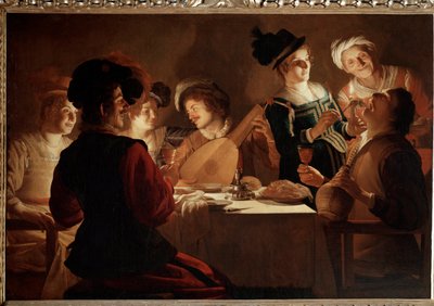 Večeře s hráčem na loutnu. (Malování od Gerrit van Honthorst