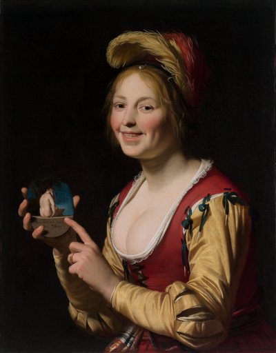 Usměvavá dívka, kurtizána, držící obscénní obrázek od Gerrit van Honthorst