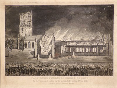 East, South & Cross Churches, Dundee, jak se objevily v ohni v neděli 3. ledna 1841, kolem roku 1841 (lept) od Gershom Gourlay Cumming