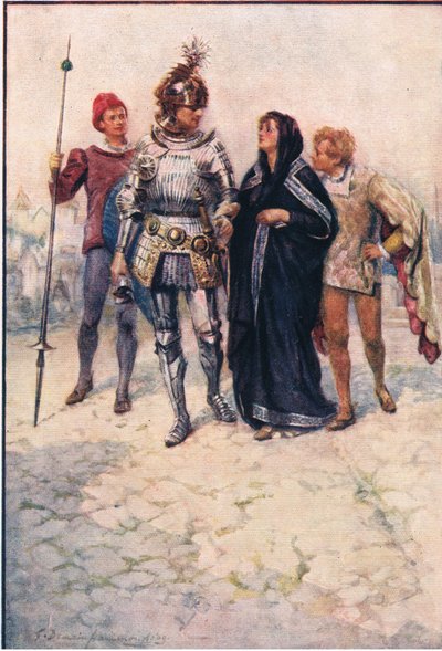 Princ Arthur vede Belge a její syny do hradu, Příběhy královny víl vydal George Harrap and Company od Gertrude E. Demain (after) Hammond