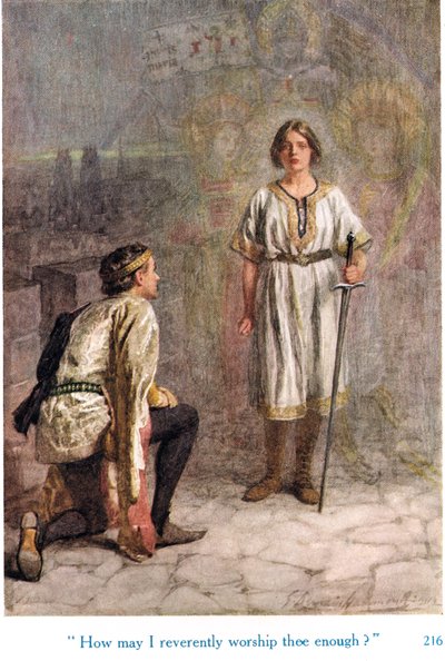 „Jak tě mohu dostatečně zbožně uctívat?“, ilustrace z „Shakespearových příběhů anglických králů“, vydané nakladatelstvím George Harrap & Son od Gertrude E. Demain Hammond