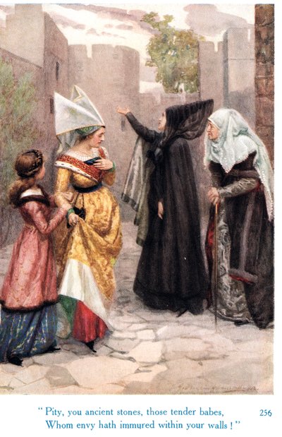 „Škoda, vy prastaré kameny, ty něžné děťátka, které závist uvěznila ve vašich zdech!“, ilustrace z „Shakespearových příběhů anglických králů“, vydané nakladatelstvím George Harrap & Son od Gertrude E. Demain Hammond