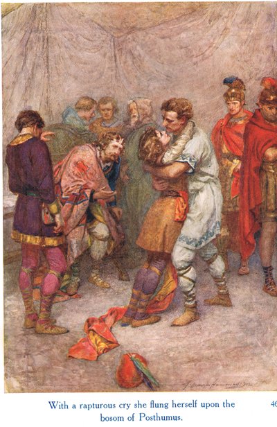 „S nadšeným výkřikem se vrhla na Posthumovo lůno“, ilustrace ze „Shakespearových příběhů anglických králů“, vydané nakladatelstvím George Harrap & Son od Gertrude E. Demain Hammond