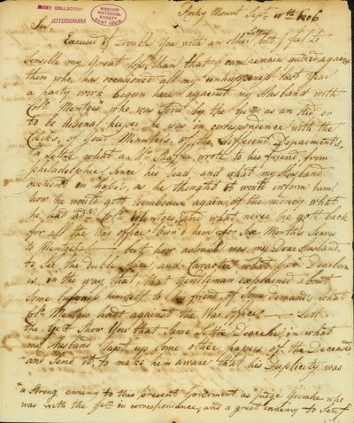 List podepsal Gertrude Joan Senf, Rocky Mount, Thomasovi Jeffersonovi, 11. září 1806 od Gertrude Joan Senf