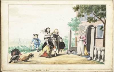 Pár vítá dámu u dveří venkovského domu od Gesina ter Borch (signed by artist)