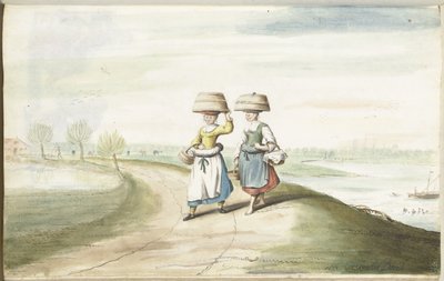 Dvě rolnické ženy kráčející v krajině od Gesina ter Borch (signed by artist)