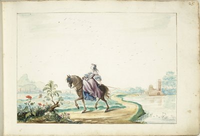Žena na koni v krajině od Gesina ter Borch (signed by artist)