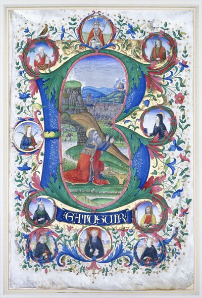 Král David při modlitbě uvnitř velmi velké iniciály „B“, kolem deseti velkých kruhů, z nichž každý obsahuje portrét světce, kolem roku 1500 od Gherardo di Giovanni del Fora