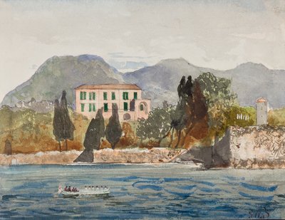 Veslovací člun s vlajkou Borbone blížící se k velkému domu na neapolském pobřeží, s doplňky prince Gaetano Maria Federico di Borbone (1846-1871) (tužka, wc a kvaš) od Giacinto Gigante
