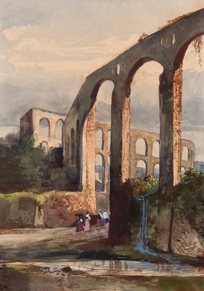 Ženy pod římským akvaduktem v Maddaloni, doplněné borbonským žákem, možná princeznou Marií Annunziatou di Borbone (1843-1871) (tužka, wc a kvaš na papíře) od Giacinto Gigante