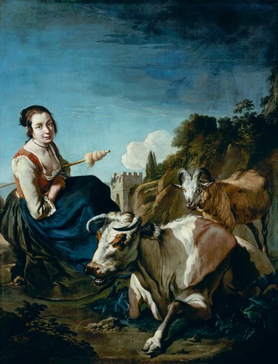Dívka s krávou a ovcí ve skalnaté krajině, cca 1700 (olej na plátně) od Giacomo Ceruti