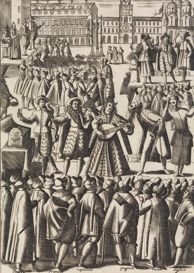 Zábava, kterou šarlatáni poskytují každý den na Piazza di S. Marco al Populo ..., ca. 1610. od Giacomo Franco