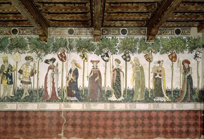 Devět hodných a Devět hodných žen, detail Karla Velikého, Godfrey de Bouillon, Delphine, Iynoppe, Hippolyte, Menalyppe, Semiramis, Lampeto a Tamyris, 1418-30 od Giacomo Jaquerio