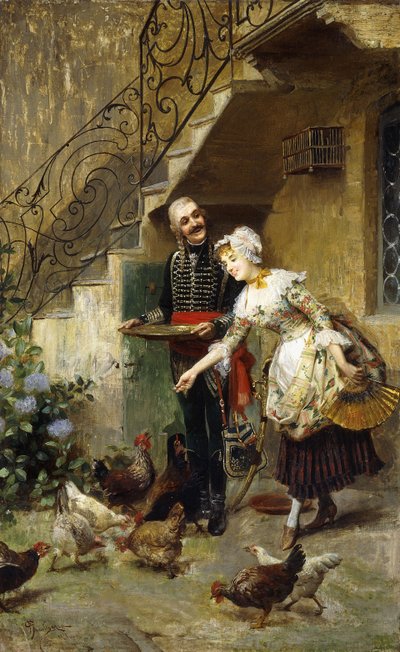 Elegantní pár krmící kuřata na nádvoří, od Giacomo Mantegazza