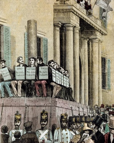 Risorgimento: „“ členové hnutí Giovine Italia (včetně Carlo Cattaneo (1801-1869), Tinelli, Danzi, Bussi) sedící před justičním palácem v Miláně a poslouchají rozsudek odsuzující je k vyhnanství v roce 1848“ 1884 Litografie od Mantega od Giacomo Mantegazza