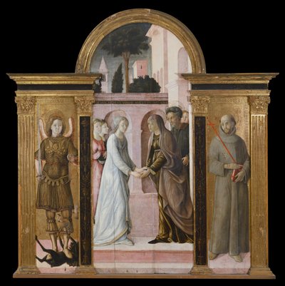 Triptych: Navštívení, mezi sv. Michalem a sv. Františkem (malba na dřevě) od Giacomo Pacchiarotti