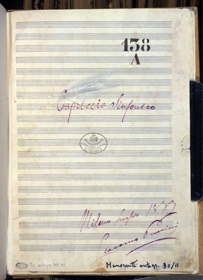 Rukopisné noty pro "" Symphonic Caprice "" "(Symphonic Caprice") od skladatele Giacoma Pucciniho (1858-1924) 1883. Knihovna konzervatoře Giuseppe Verdiho, Milán od Giacomo Puccini