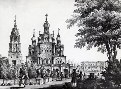 Kostel Nanebevzetí Panny Marie a Gagarinův palác v Moskvě, kresba Giacomo Quarenghi Domenico (1744-1817), tisk, Rusko od Giacomo Quarenghi