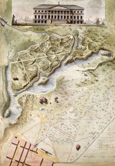 Peterhof, Rusko: Povýšení anglického paláce a plán parku, od Giacomo Quarenghi