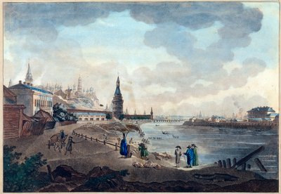 Pohled na moskevský Kreml z Kamenného mostu přes Moscovu (Moskva nebo Moskwa). Dílo Giacoma Antonia Domenica Quarenghiho (1744-1817), akvarel a tuš na papíře, cca 1790. Italské umění od Giacomo Quarenghi