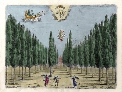 Ilustrace k opeře o 5 dějstvích „La finta pazza““ (La Folle supposee) od Francesca Sacratiho. Rytina Jacopo Torelli od Giacomo Torelli