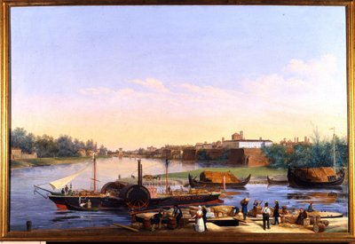 Pohled na přístav Pavia (Pavia) na Pádu a parník Principessa Clementina””””” Obraz Giacoma Trecourta (1812-1882) 19. stol. od Giacomo Trecourt
