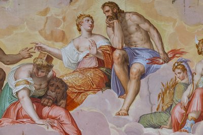 Juno, Jupiter, Cybele ležící na oblacích, nad architektonickými ruinami, detail Místnosti Olympu, cca 1557 (freska) od Giambattista Zelotti