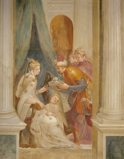 Pravá stěna zobrazující Sophonisbu s jejím dítětem, které dostává další hrnec jedu (freska) od Giambattista (1526 78) Zelotti