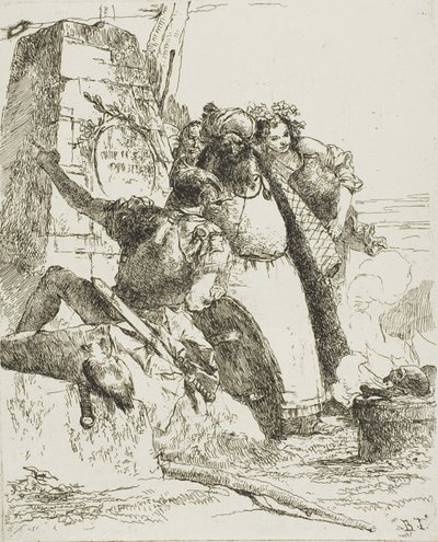 Kouzelník, voják a tři postavy sledující hořící lebku od Scherzi od Giambattista Tiepolo