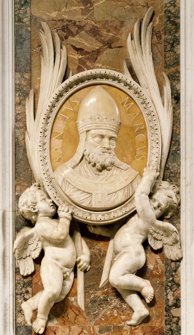 San Marco, reliéf od Gian Lorenzo Bernini (1598-1680), detail mramorové výzdoby podél sloupů hlavní uličky, bazilika svatého Petra, Řím, Vatikán od Gian Lorenzo Bernini