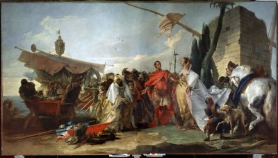Jules Cesar setkání s Kleopatrou (Caesar meets Cleopatra). Obraz Giandomenica Tiepola (1727-1804). Olej na plátně, 337 x 608 cm od Giandomenico  Tiepolo