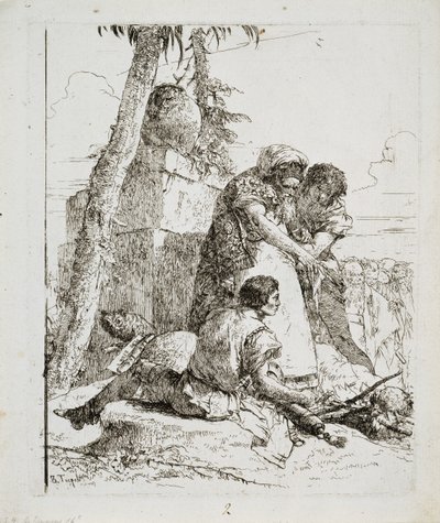 Kouzelník ukazuje na hořící hlavu dvěma mladíkům, c. 40. léta 18. století od Giovanni Domenico Tiepolo
