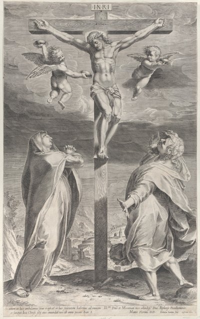 Ukřižování s Pannou Marií a svatým Janem Evangelistou, andělé nad hlavou, ca. 1593, ca. 1593 od Gijsbert Van Veen