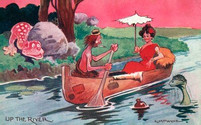 Doba kamenná: proti proudu řeky (barevná litografie) od Gilbert Morris Payne