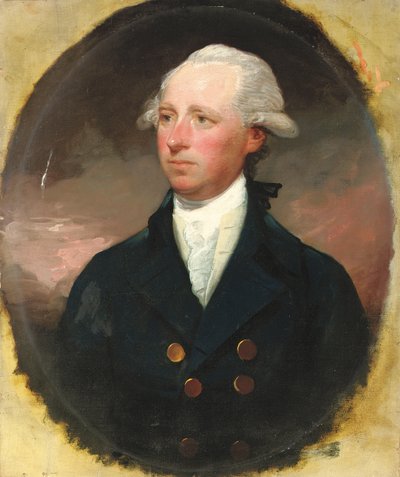 Portrét sira Thomase George Skipwitha, polodlouhý, v modrém kabátě, předstíraný oválný od Gilbert Stuart