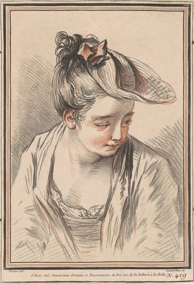Hlava mladé ženy v klobouku od Gilles Demarteau the Elder after Antoine Watteau