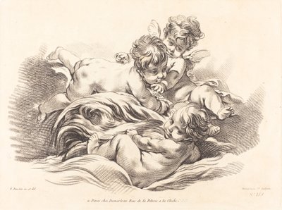Tři cherubové hrají na delfín jako vlna od Gilles Demarteau, the Elder after François Boucher