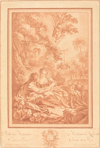 Dva milenci sedící u paty velkého stromu, překvapeni dvěma dívkami od Gilles Demarteau, the Elder after François Boucher