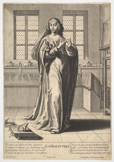 Dialektika: mladá žena stojící ve vyzdobeném interiéru a dotýkající se pravého indexu ..., 1633-35. od Gilles Rousselet