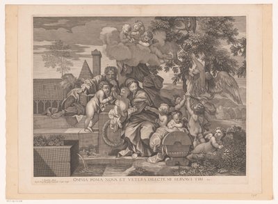 Svatá rodina s putti na jabloni od Gilles Rousselet