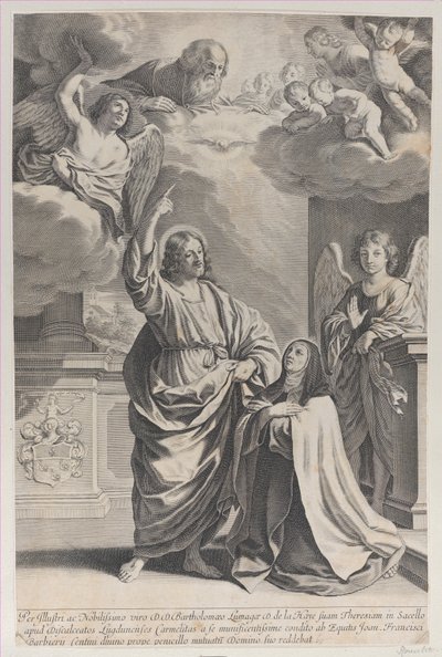 Svatá Terezie se modlí po boku Krista, který ukazuje vzhůru k Bohu Otci a ..., 1635-1700. od Gilles Rousselet