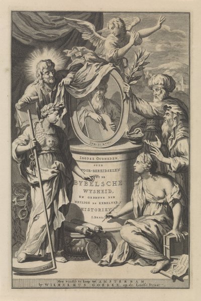 Biblické postavy odhalují portrét Mojžíše Titulní strana pro Wilhelmus Goeree, Přípravy na biblickou moudrost a použití posvátných a církevních dějin, 1690 od Gilliam van der Gouwen