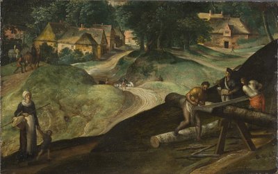 Krajina s muži řezajícími dřevo - Krajina s muži řezajícími dřevo, Mostaert, Gillis (1534-1598). olej na dřevo od Gillis Mostaert