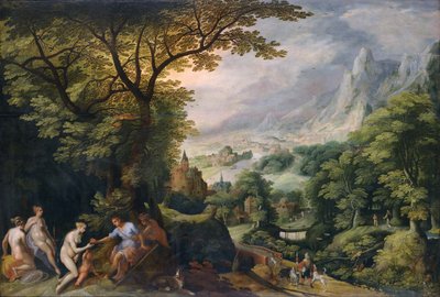 Hornatá krajina, v níž je zobrazen "Pařížský soud". od Gillis van Coninxloo