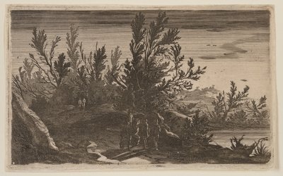 Jezdci na lesní cestě vlevo od rybníka, od Six Landscapes od Gillis van Scheyndel