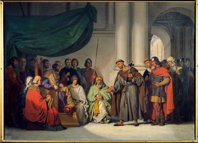 První křížová výprava: „“ Východní císař Alexis Comnene (1048-1118) přijímá Petra Poustevníka, který ho přišel nabádat ke křížové výpravě v Konstantinopoli v srpnu 1096““ Obraz Gillot Saint Evre (1791-1858) 1839 Ne. 0,98 x 1,36 m Versailles. Zámecké muzeum od Gillot Saint Evre