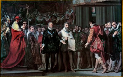 Filip II. Španělský uznává Jindřicha IV. za krále Francie Obraz Gillota Saint Evre (1791-1858) 1837 Sun. 0,17x0,71 m od Gillot Saint Evre