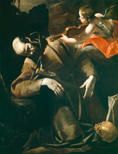Svatý František z Assisi v extázi před cherubínem s houslemi od Gioacchino Assereto